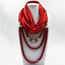 Hot selling lady fashion polyester square scarf beads necklace pendant embellished jewelry scarf